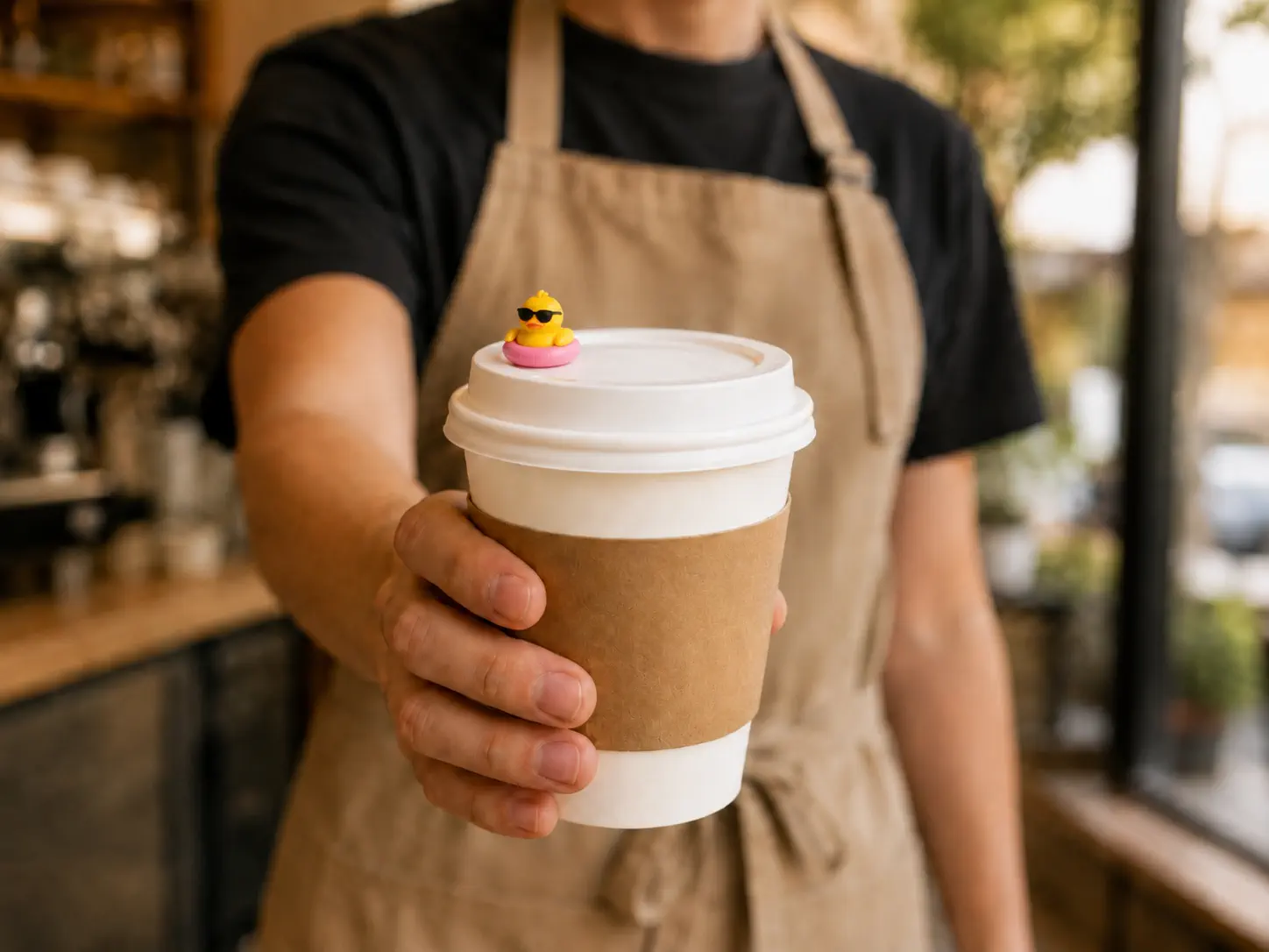 Barista handing over a coffee cup with a collectible figure on the lid