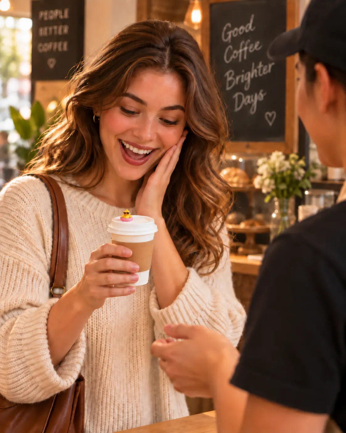 Happy customer holding a coffee cup with a collectible figure on the lid